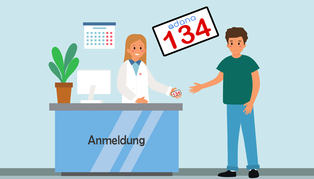 Bei Anmeldung in der Praxis wird dem Patienten eine wiederverwendbare, desinfizierbare wartenmitadana-Karte mit einer 3-stelligen Aufrufnummer gegeben. Alternativ erhält er diese Aufrufnummer aufs Smartphone