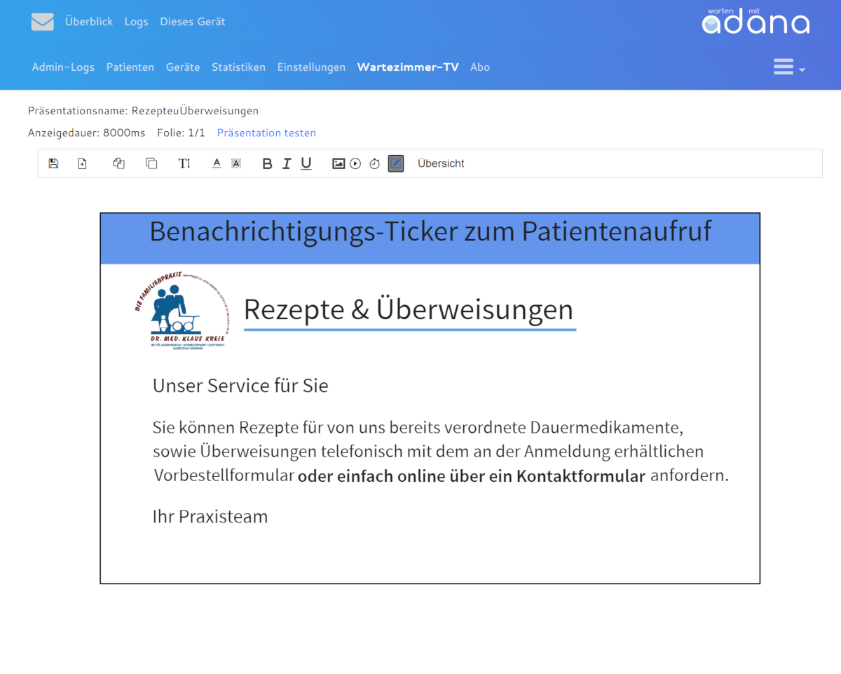 wartenmitadana Screenshot - Erstellen einer Wartezimmer-TV Präsentation
